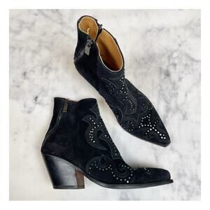Jo Ghost Espalier Black Suede Western Ankle Boots Embroidered Studded Sz40